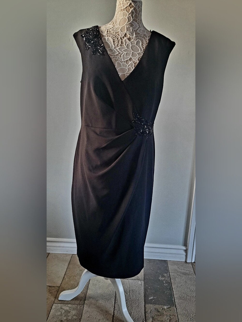 Signature by Sangria Black Sleeveless Draped Midi Dress with Beaded Accent sz 16